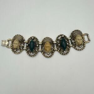 Selro Selini gold tone Asian princess green lucite glass pearls panel bracelet